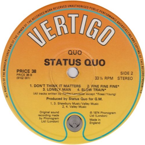 QUO (REISSUE) Standard Orange / Yellow Label Side B