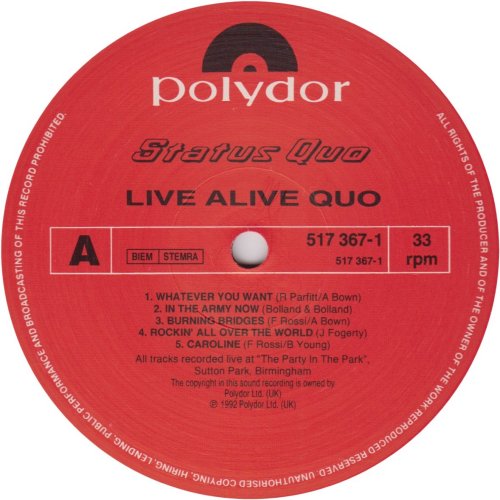 LIVE ALIVE QUO Standard label Side A