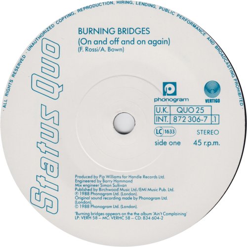 BURNING BRIDGES (ON AND OFF AND ON AGAIN) White Paper Label Side A