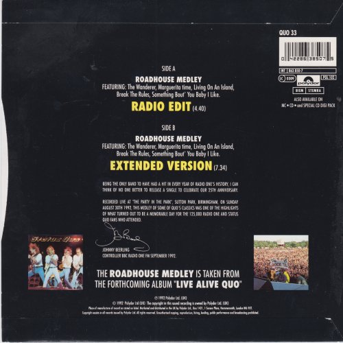ROADHOUSE MEDLEY Standard Picture Sleeve - Thick Glossy Card Rear