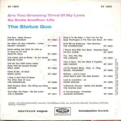 ARE YOU GROWING TIRED OF MY LOVE Picture Sleeve 1 Rear