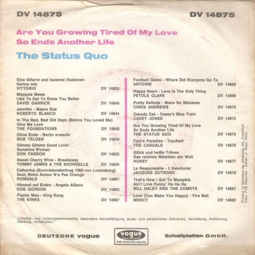 ARE YOU GROWING TIRED OF MY LOVE Picture Sleeve 2 Rear