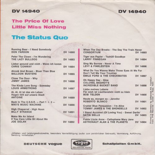 THE PRICE OF LOVE Picture Sleeve Rear