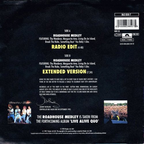 ROADHOUSE MEDLEY (RADIO EDIT) Picture Sleeve Rear
