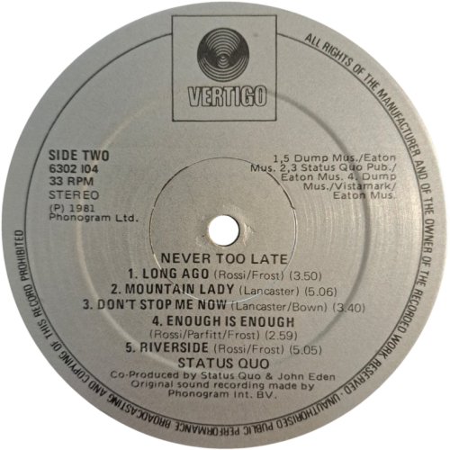 NEVER TOO LATE Label Side B
