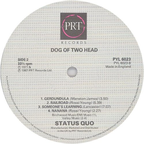 DOG OF TWO HEAD (1987 REISSUE) Standard label Side B
