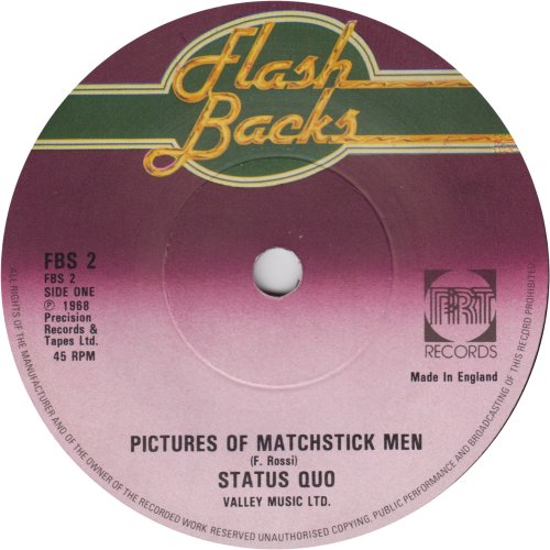 PICTURES OF MATCHSTICK MEN (Flashbacks) Reissue of Reissue: Black Vinyl - Solid Centre - PRT Label Side A